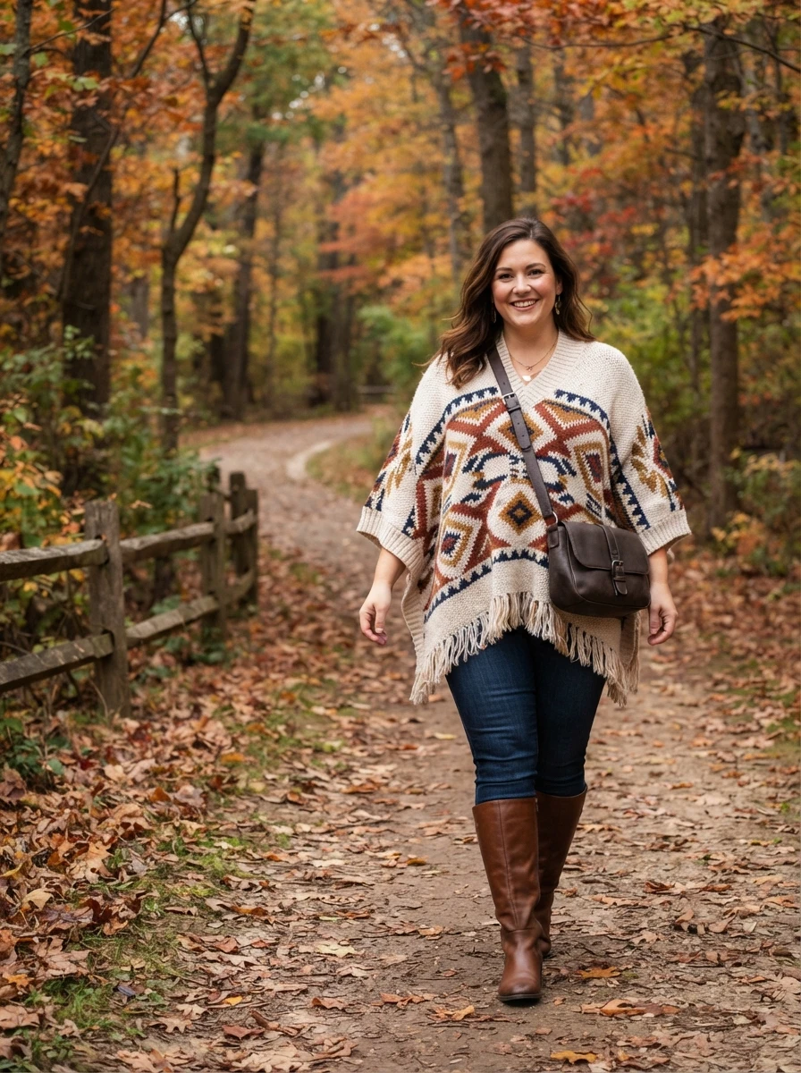 A woman in a cozy poncho and jeans, showcasing a relaxed fall outfit.