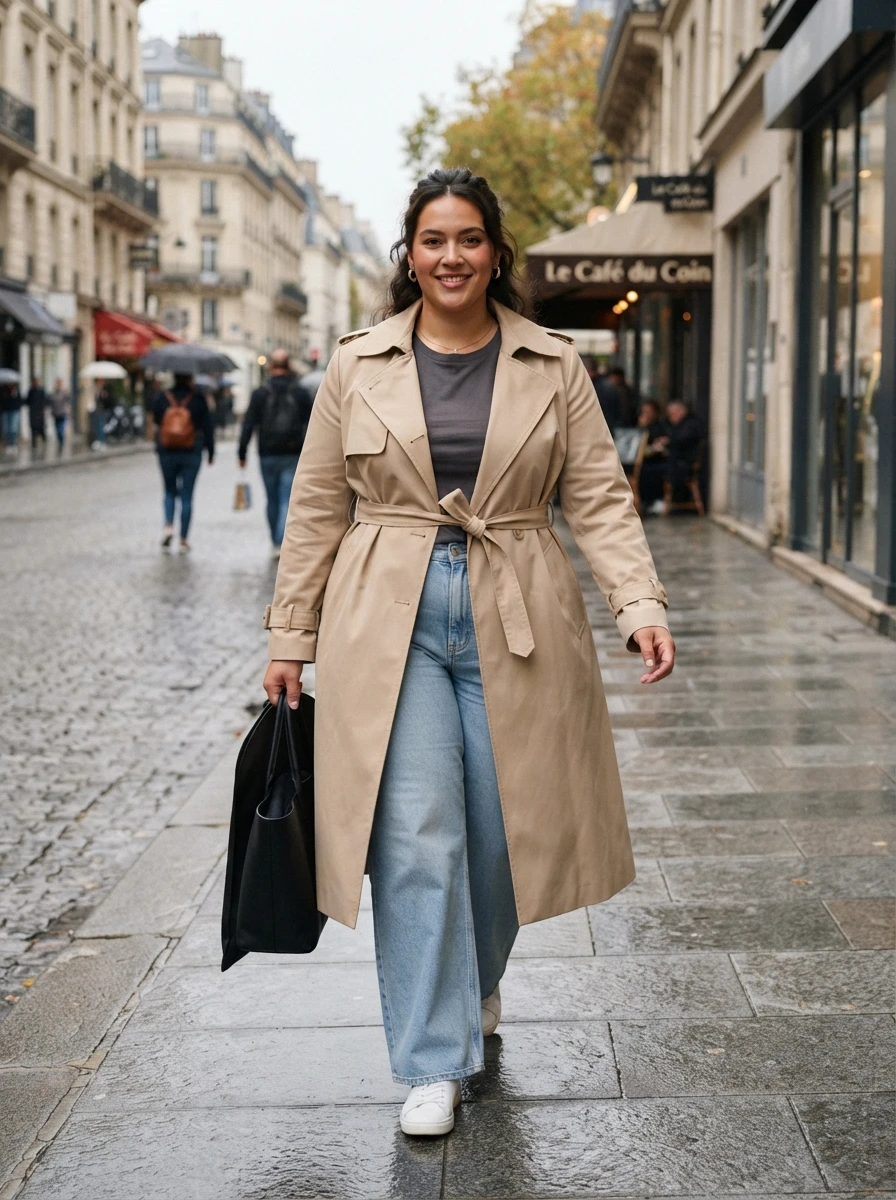 A woman in a classic trench coat and wide leg jeans, showing a timeless fall outfit.