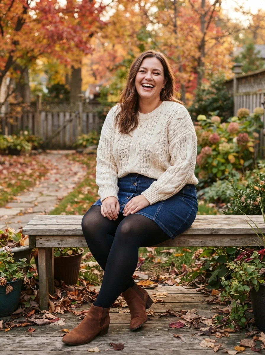 A woman in a denim skirt and sweater, showcasing a playful and casual fall look.