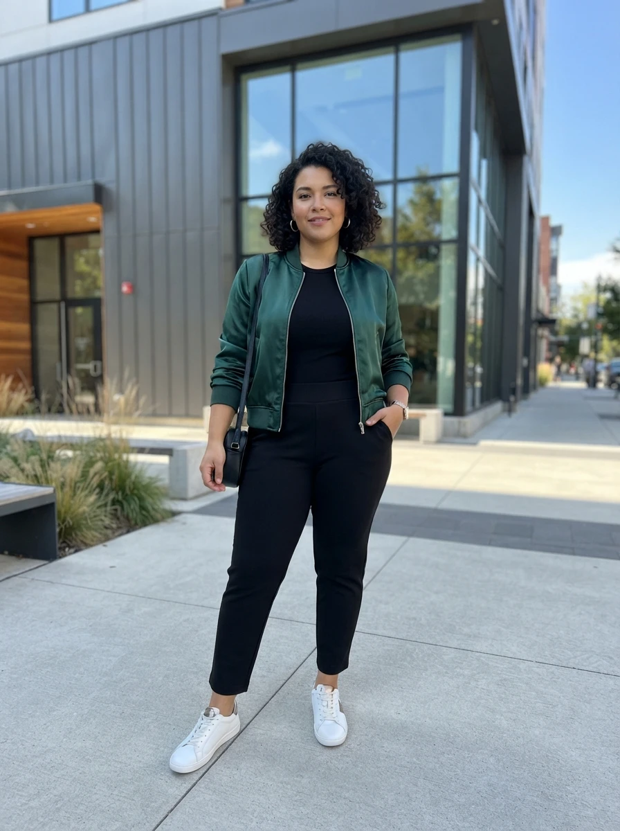 A woman in a bomber jacket and joggers, showing a sporty yet put together fall outfit.