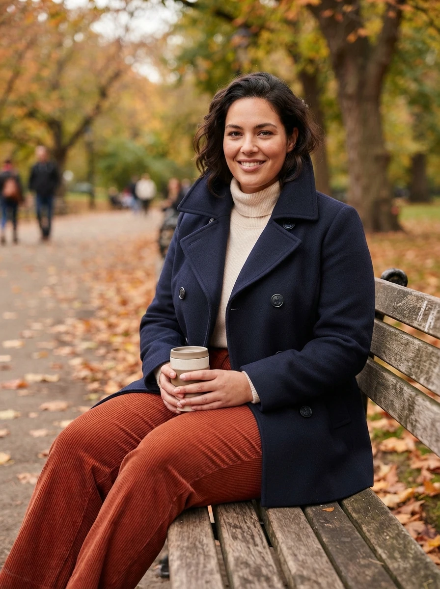 A woman in a peacoat and corduroy pants, showcasing a textured and classic fall outfit.