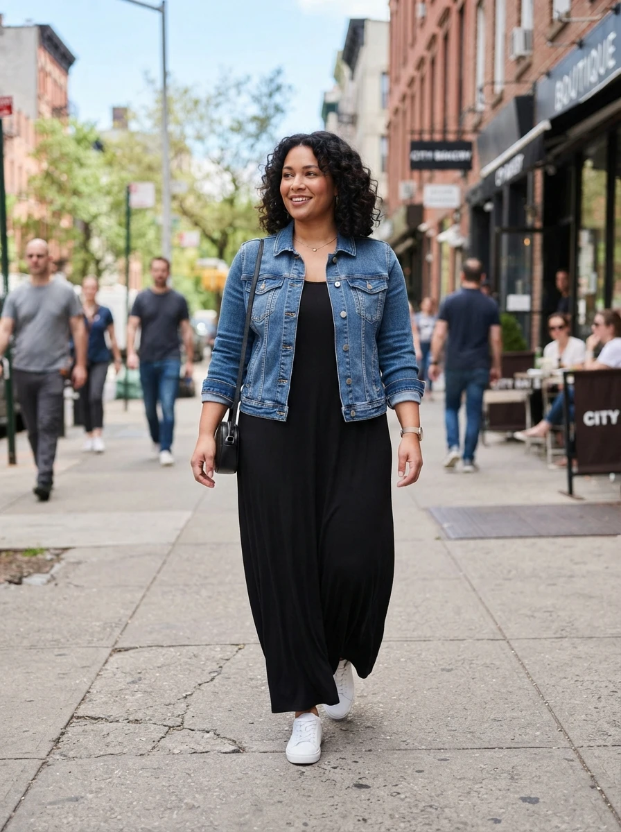 A woman wears a classic denim jacket over a long dress, creating a casual and functional outfit for cooler fall weather.