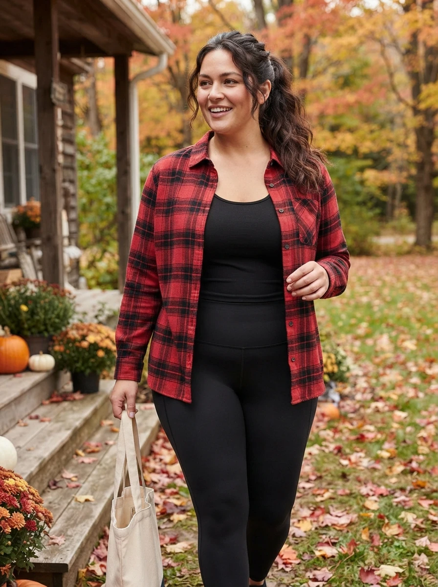 A woman wears a plaid shirt as an outer layer with simple leggings, demonstrating a reliable and casual fall outfit choice.