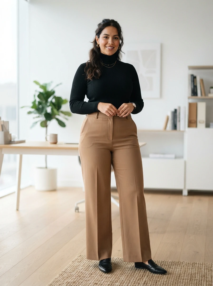 A woman in a sleek turtleneck and wide leg trousers, showcasing a professional yet casual fall style.