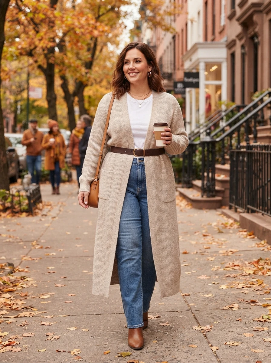 A woman wears a long cardigan and jeans, highlighting a versatile outfit for changing fall weather.