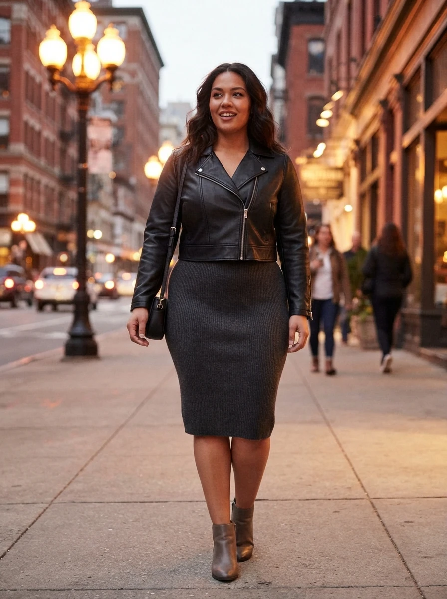 A woman in a leather jacket and pencil skirt, showing a stylish and structured fall outfit.