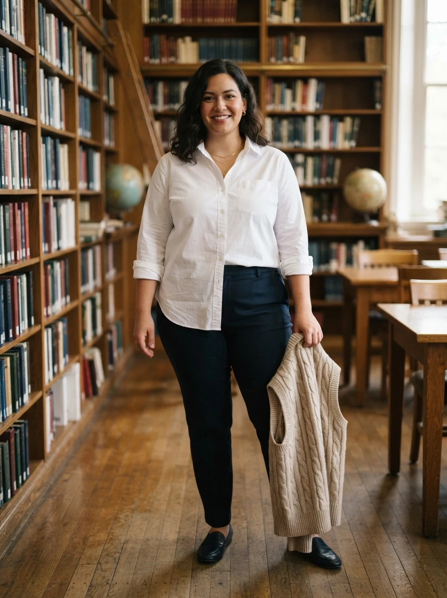 A woman wears a sweater vest over a shirt, creating a classic and comfortable fall ensemble.