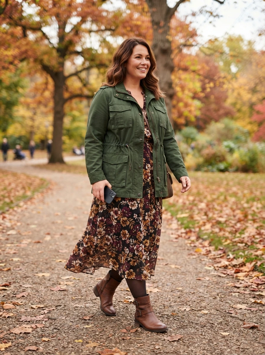 A woman in a utility jacket and midi dress, demonstrating a functional and stylish fall outfit.