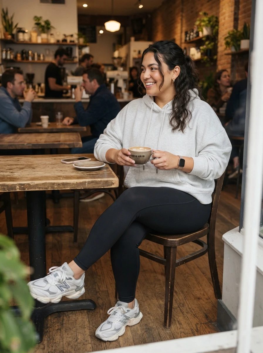 A woman in a comfortable hoodie and leggings, showing a casual weekend fall outfit.