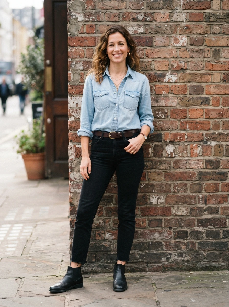A woman wearing a light blue denim shirt tucked into black jeans with a belt.
