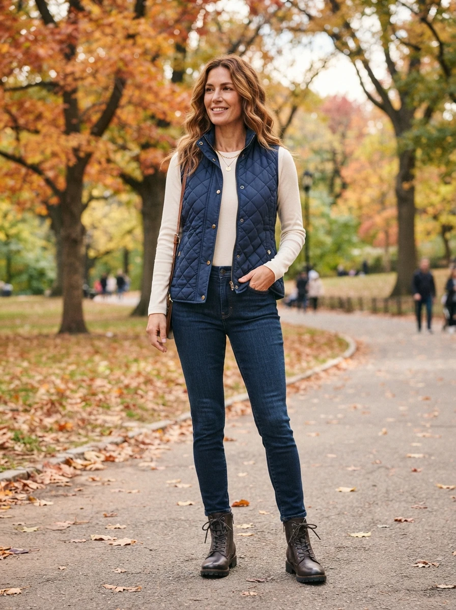 A woman wearing a quilted puffer vest over a long sleeve shirt with jeans in an outdoor setting.