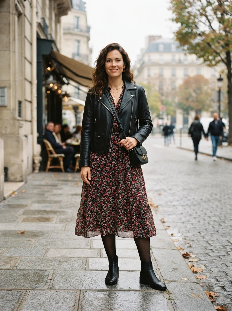 A woman wearing a leather jacket over a floral midi dress with boots.