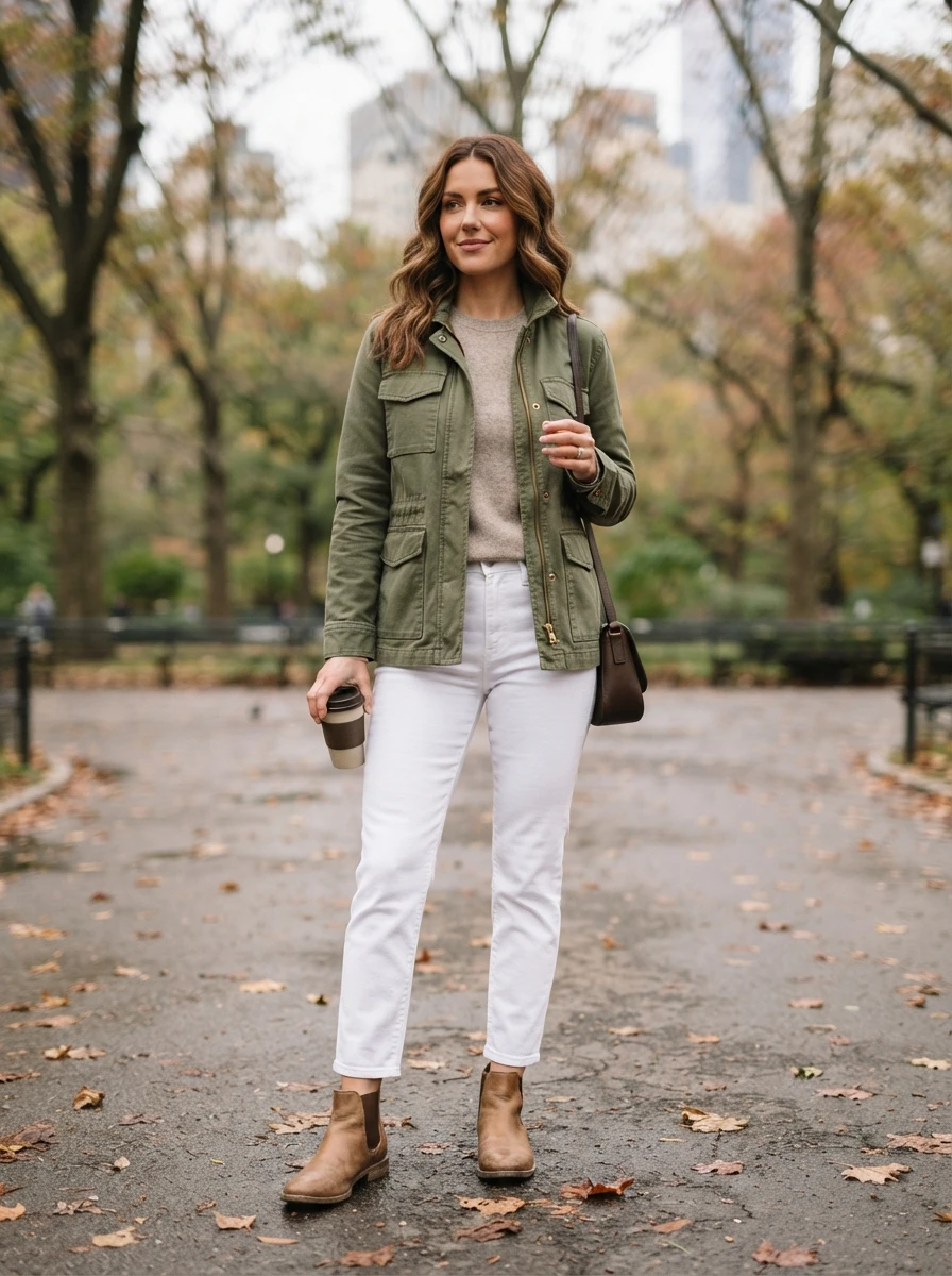 A woman wearing an olive green utility jacket with white jeans.