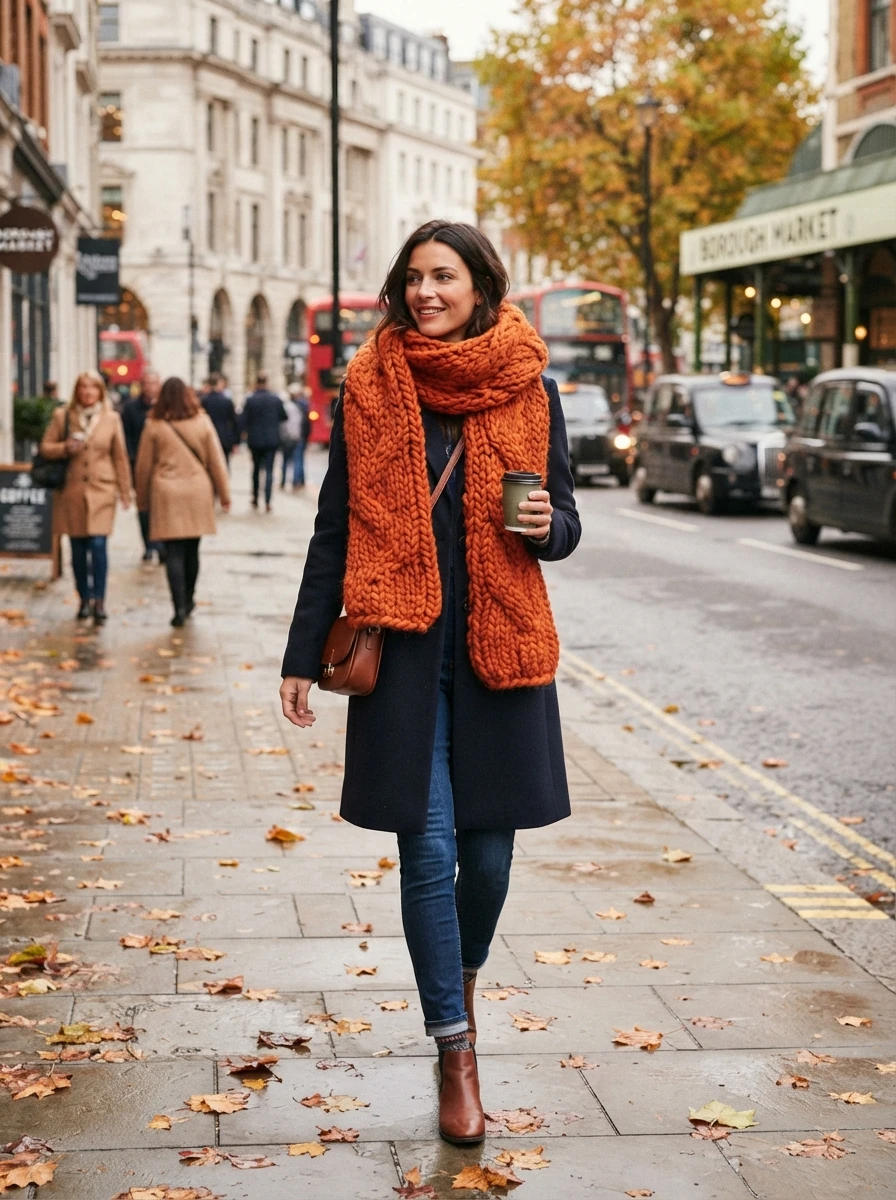 A woman wearing a simple coat paired with a large chunky knit scarf.