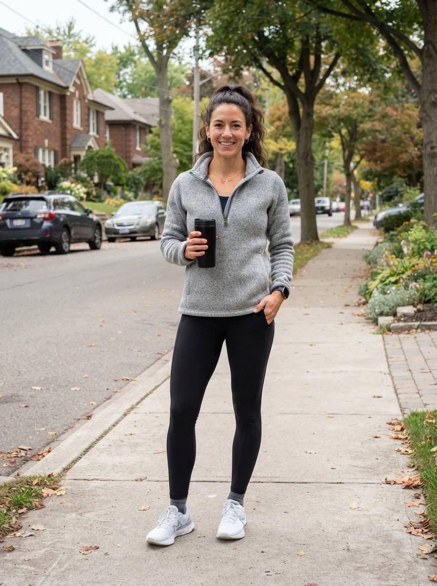 A woman wearing a half zip pullover with leggings.