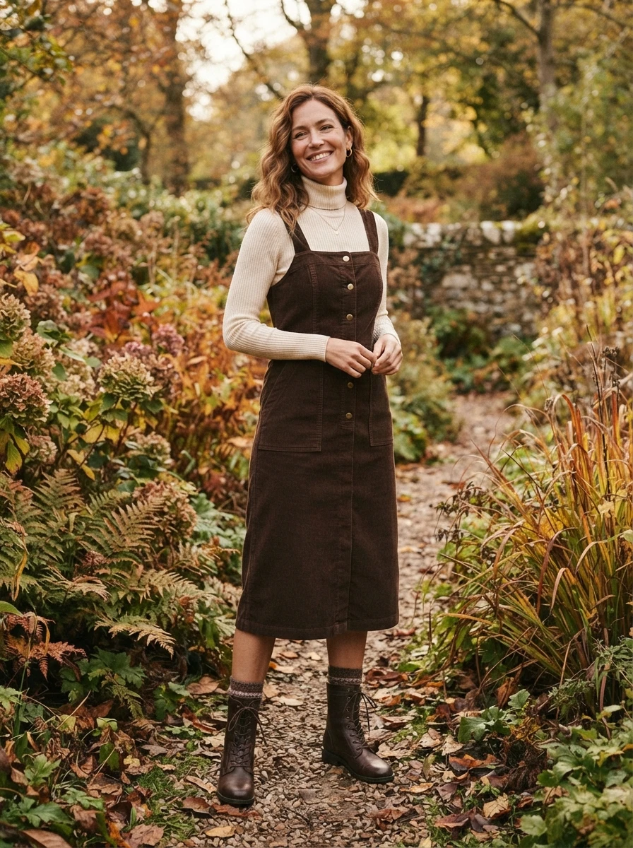A woman wearing a turtleneck layered under a pinafore dress.