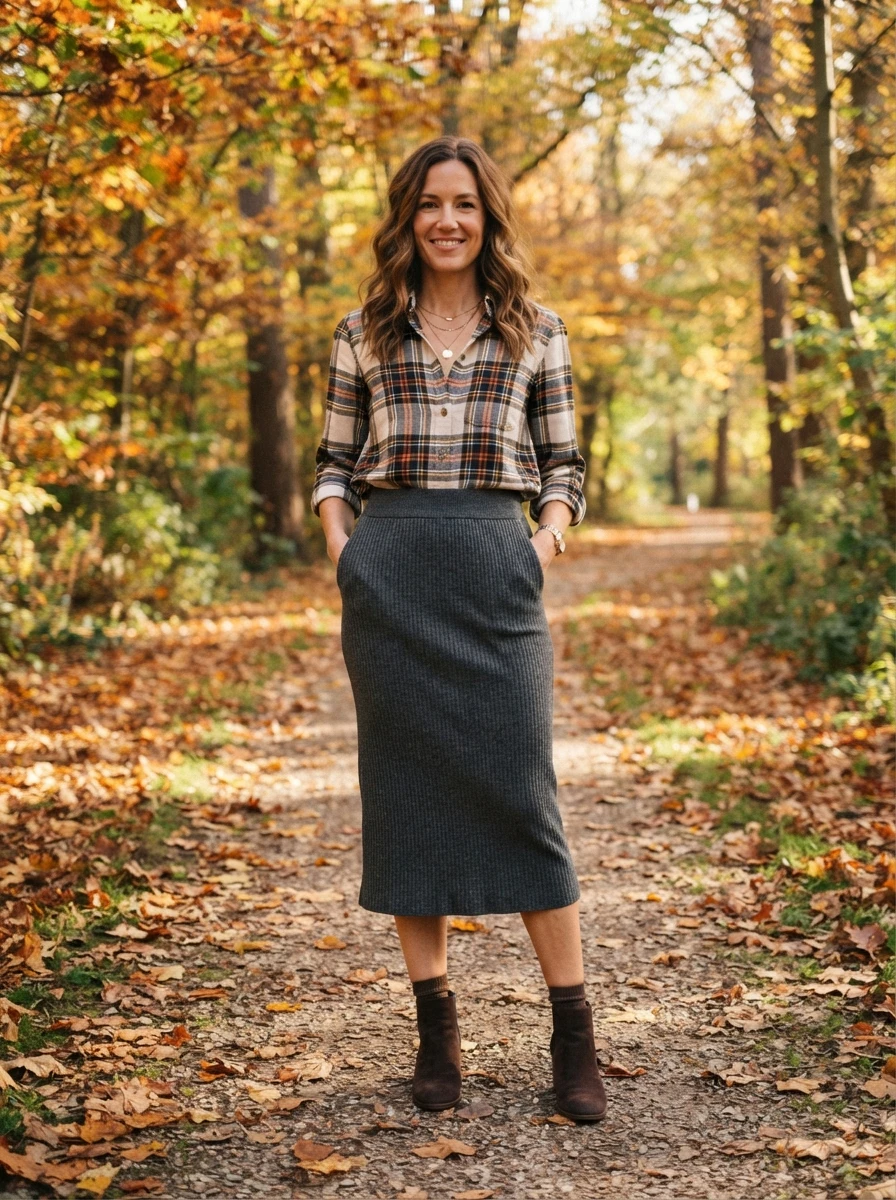 A woman styling a plaid flannel shirt tucked into a comfortable ribbed midi skirt with ankle boots in a park setting.