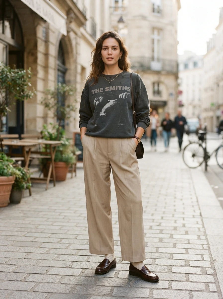 A woman wearing a vintage style graphic crewneck sweatshirt paired with wide leg beige trousers and loafers.