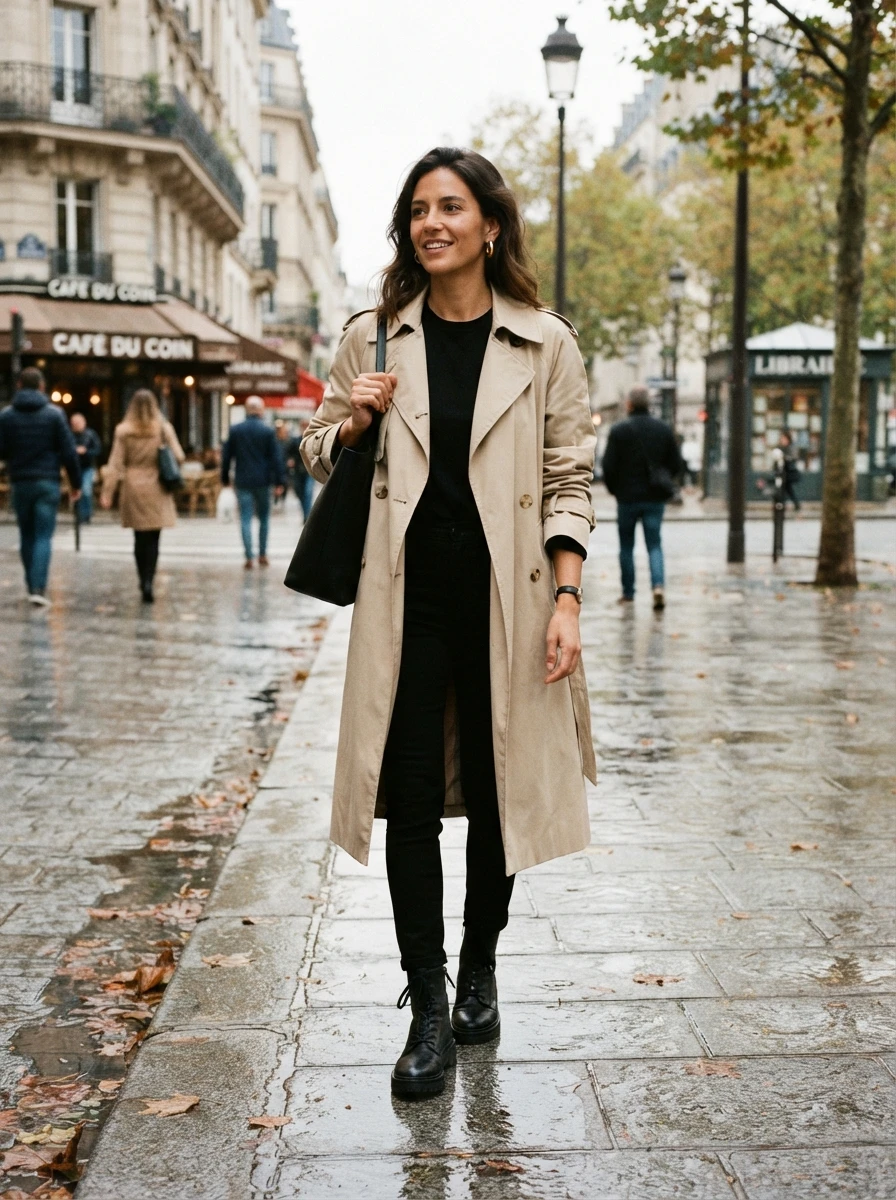 A woman wearing a classic beige trench coat over a sleek black monochrome outfit with dark boots.