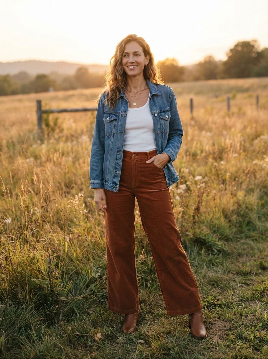 A woman wearing a denim jacket paired with rust colored corduroy trousers and simple footwear in a natural setting.
