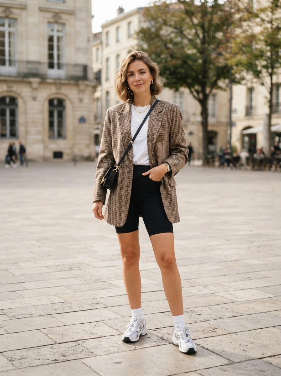 A woman wearing an oversized blazer with biker shorts, white crew socks, and sneakers for a casual fall look.