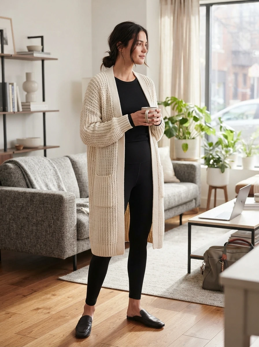 A woman wearing a long knit cardigan over leggings and a base layer in a comfortable home setting.
