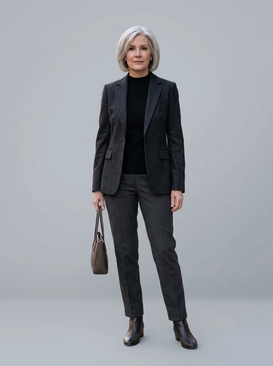 A woman in a tailored blazer and mock neck, demonstrating how to achieve a structured look in winter.