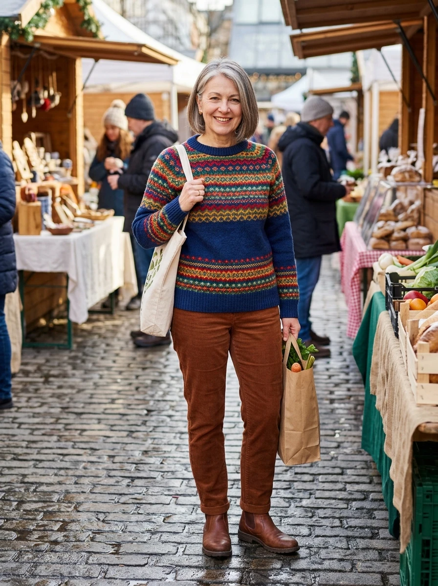A woman in a Fair Isle sweater and corduroy pants, showing a festive and casual winter outfit.