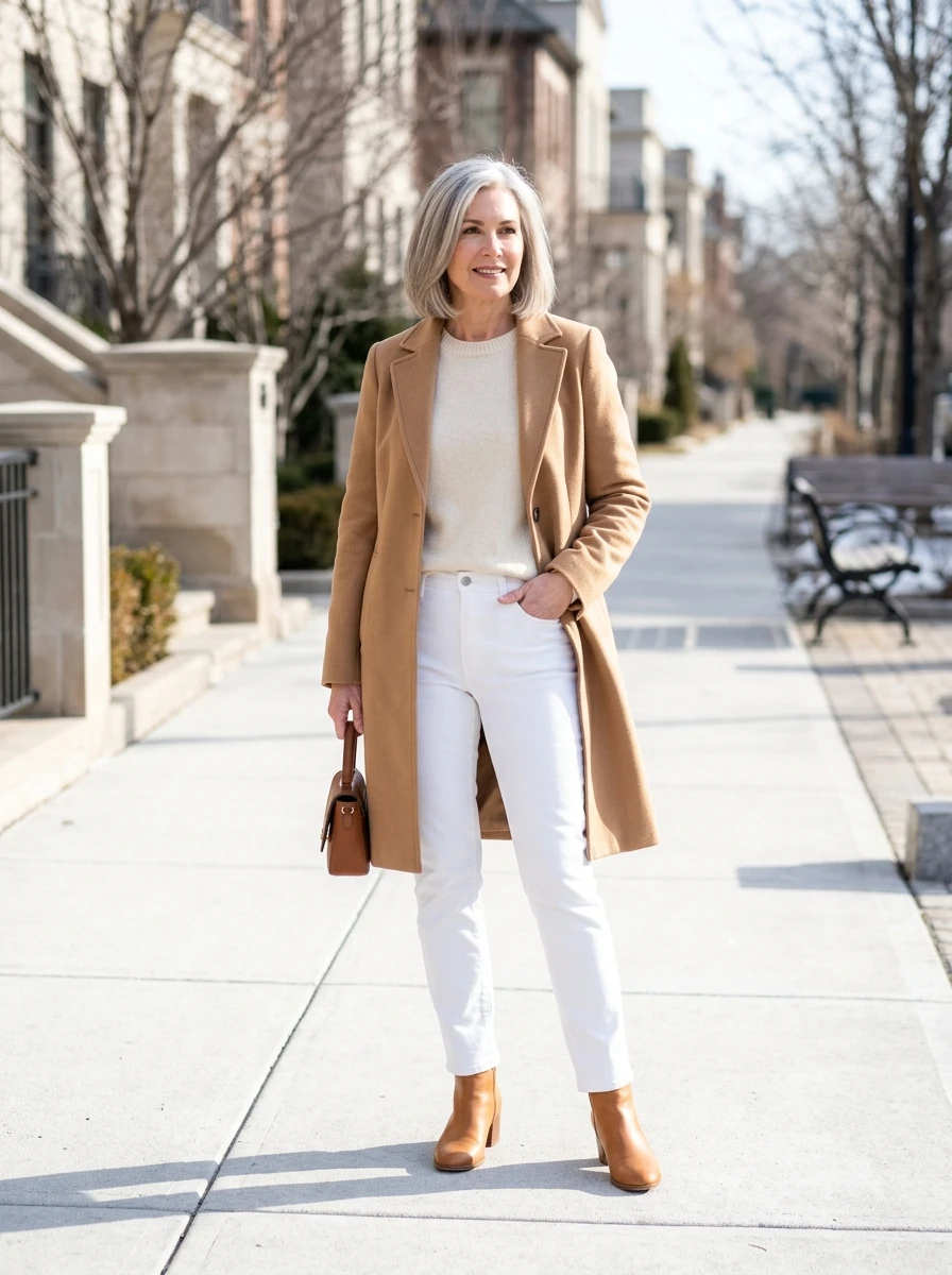 A woman in a camel coat and white jeans, illustrating a bright and sophisticated winter color palette.