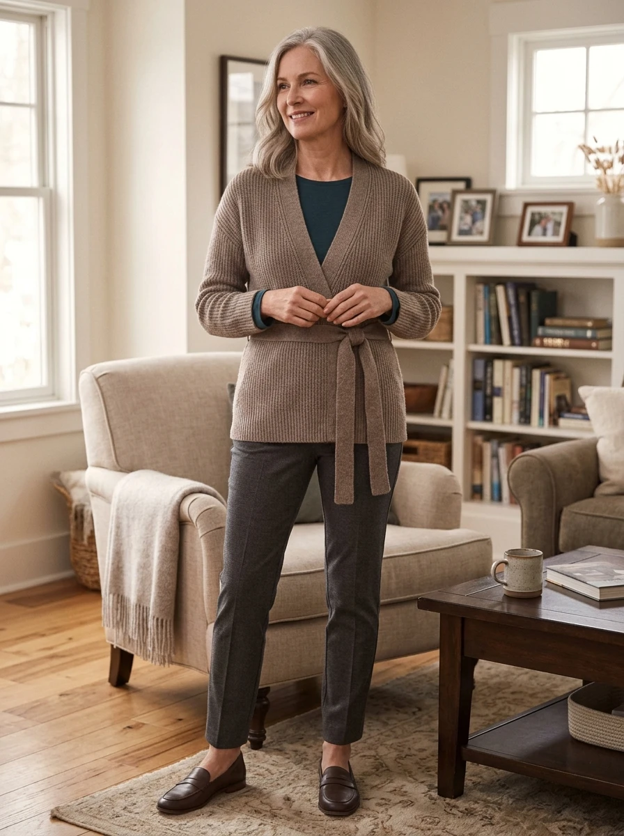 A woman in a wrap cardigan and slim trousers, showing a flattering and adjustable winter outfit.