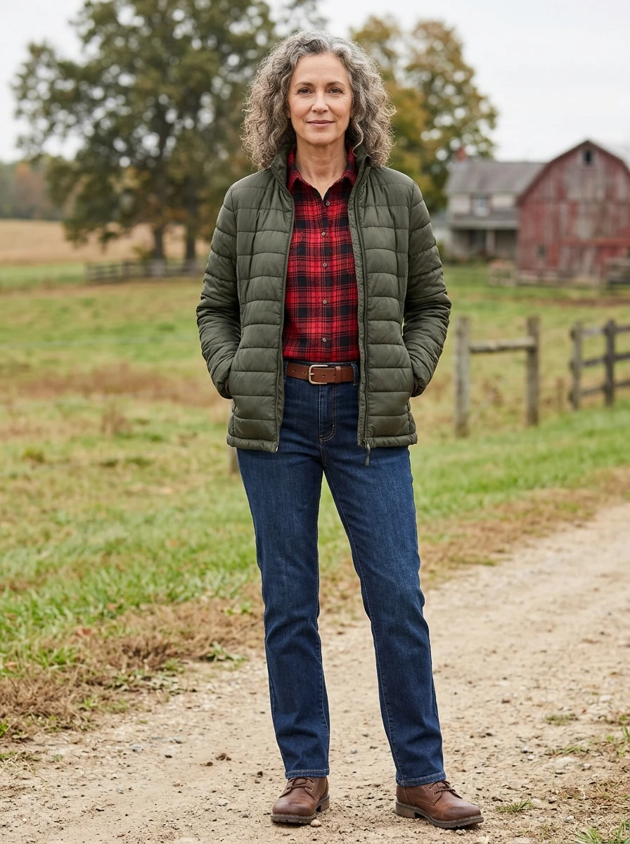 A woman in a flannel shirt and quilted jacket, highlighting the comfort and utility of layered winter fabrics.