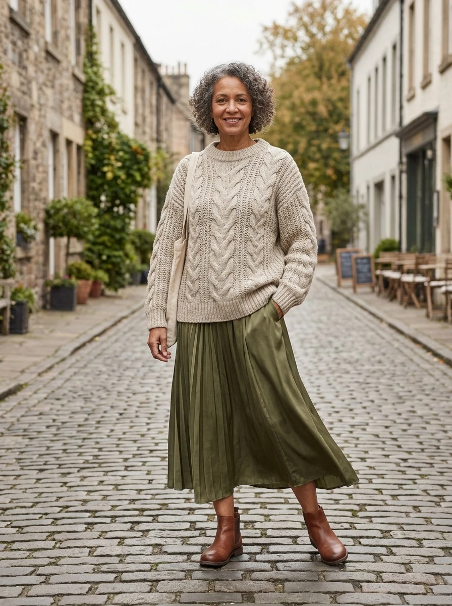 A woman in a chunky knit sweater and midi skirt, showing a stylish and comfortable winter combination.