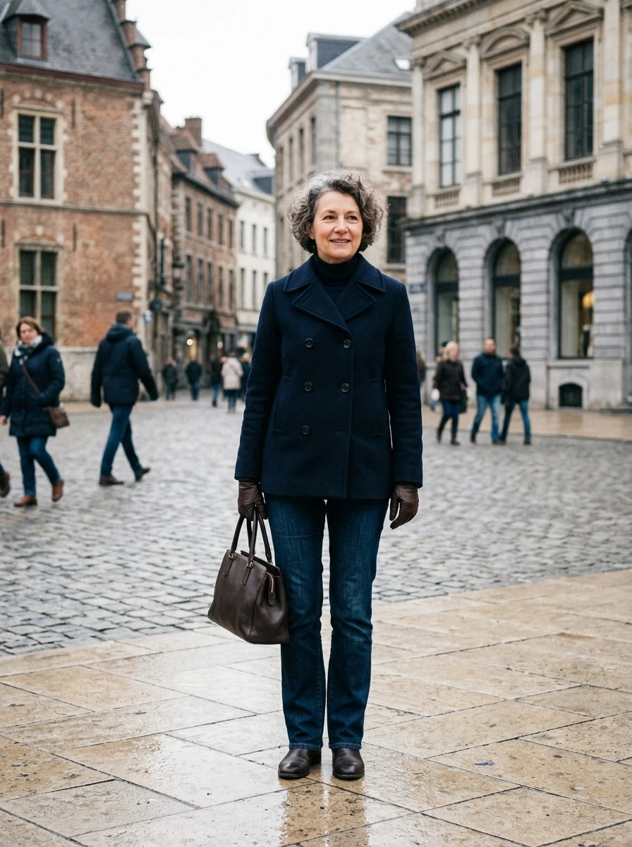 A woman in a navy peacoat and jeans, demonstrating a timeless and versatile winter outfit choice.