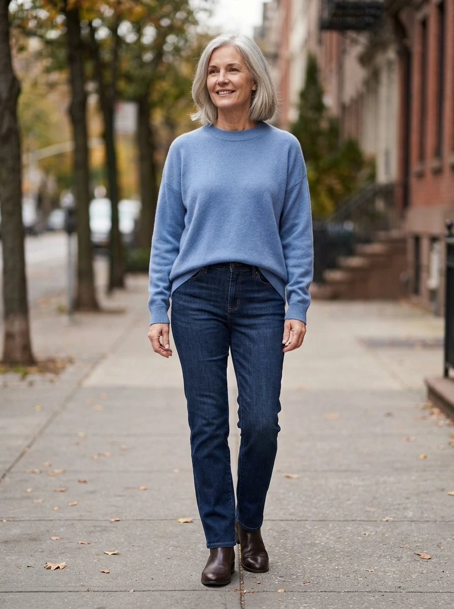 A woman wearing a cashmere sweater and dark denim, demonstrating a comfortable and stylish winter outfit choice for mature women.