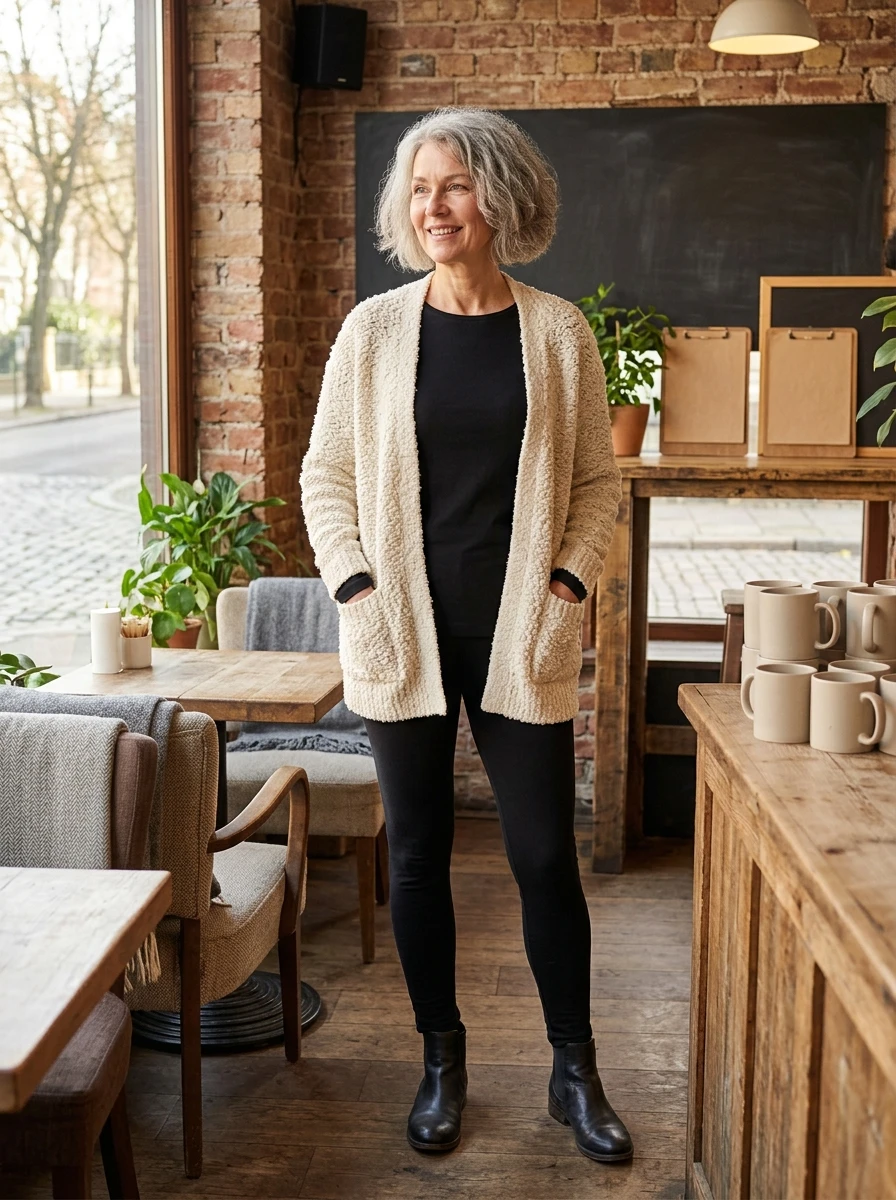A woman in a boucle cardigan and leggings, showing how texture refine casual winter attire for women over 50.
