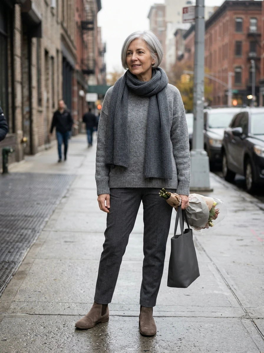 A woman in a monochromatic gray outfit, illustrating how to style shades of the same color for a cohesive winter look.