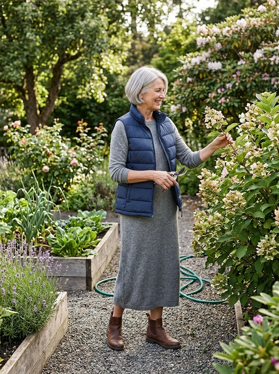 A woman wearing a puffer vest and knit dress, showcasing a functional and stylish winter outfit for outdoor activities.