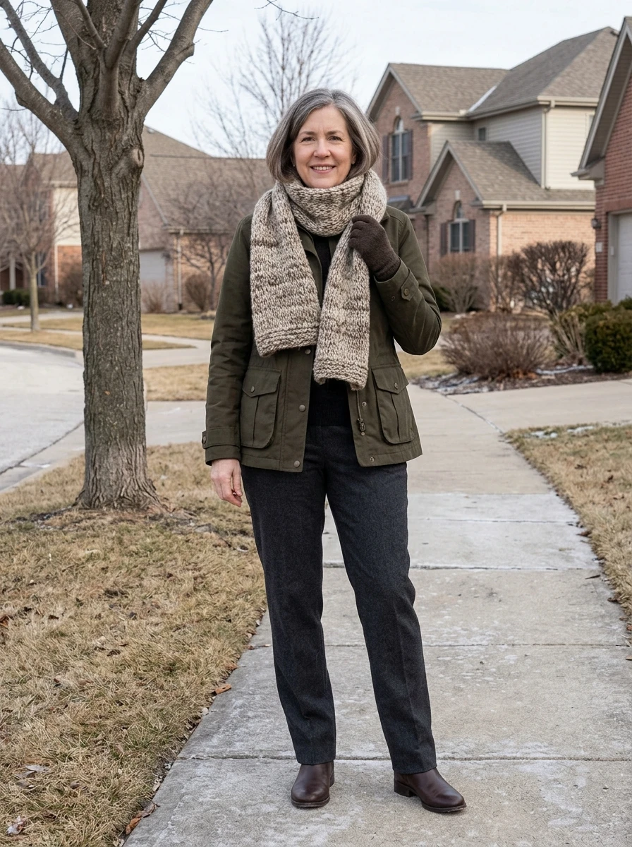 A woman with a large wool scarf and field jacket, highlighting the importance of accessories in winter styling.
