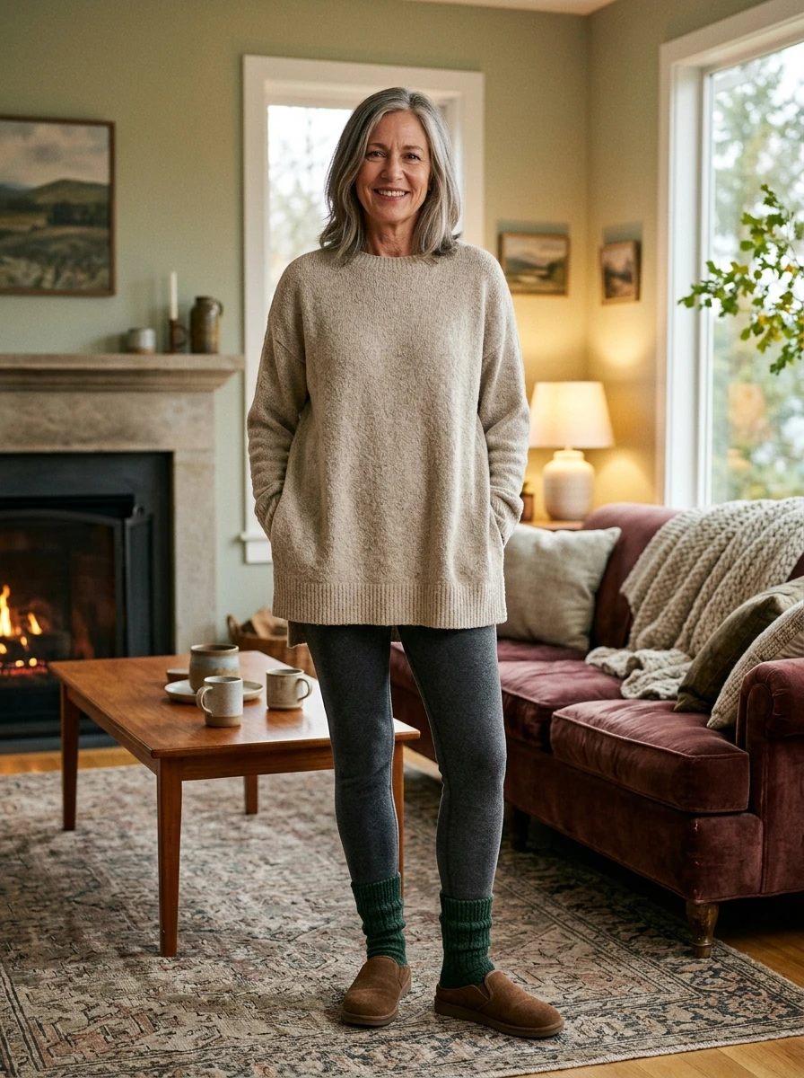 A woman wearing fleece lined leggings and a long tunic, demonstrating a comfortable winter outfit for relaxed settings.