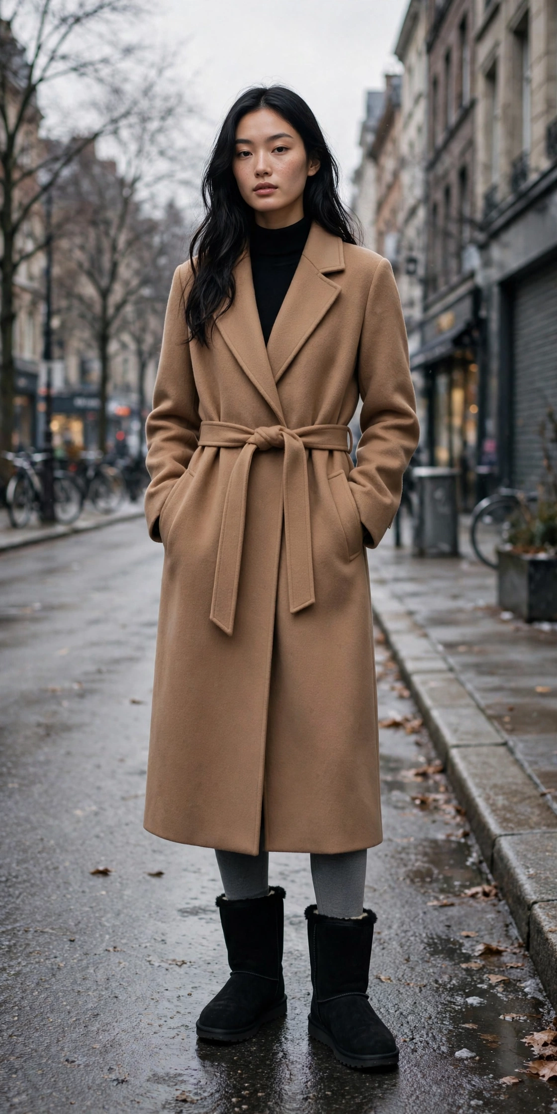 Woman in black platform UGG boots, flared leggings and a longline black wool coat