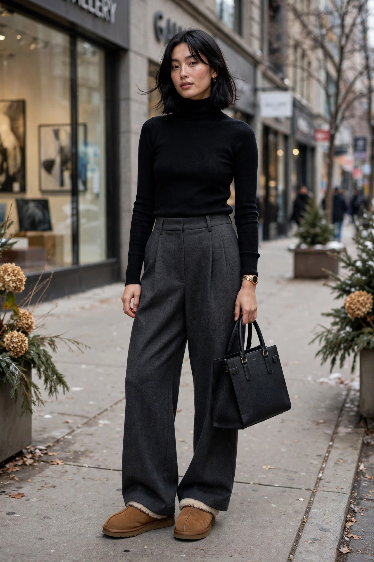 Woman in wide-leg charcoal trousers over UGG Tasman slippers with a black turtleneck in winter