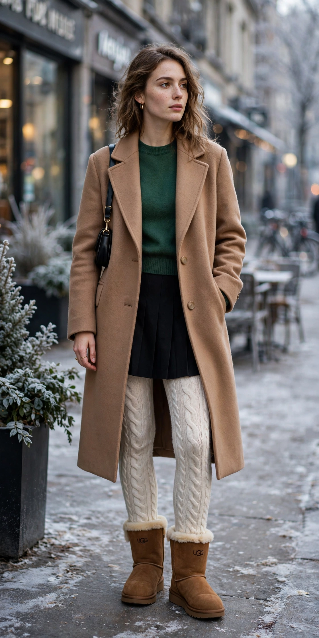 Woman in chestnut UGG Classic Minis, cream chunky knit tights and a black pleated mini skirt with a camel coat