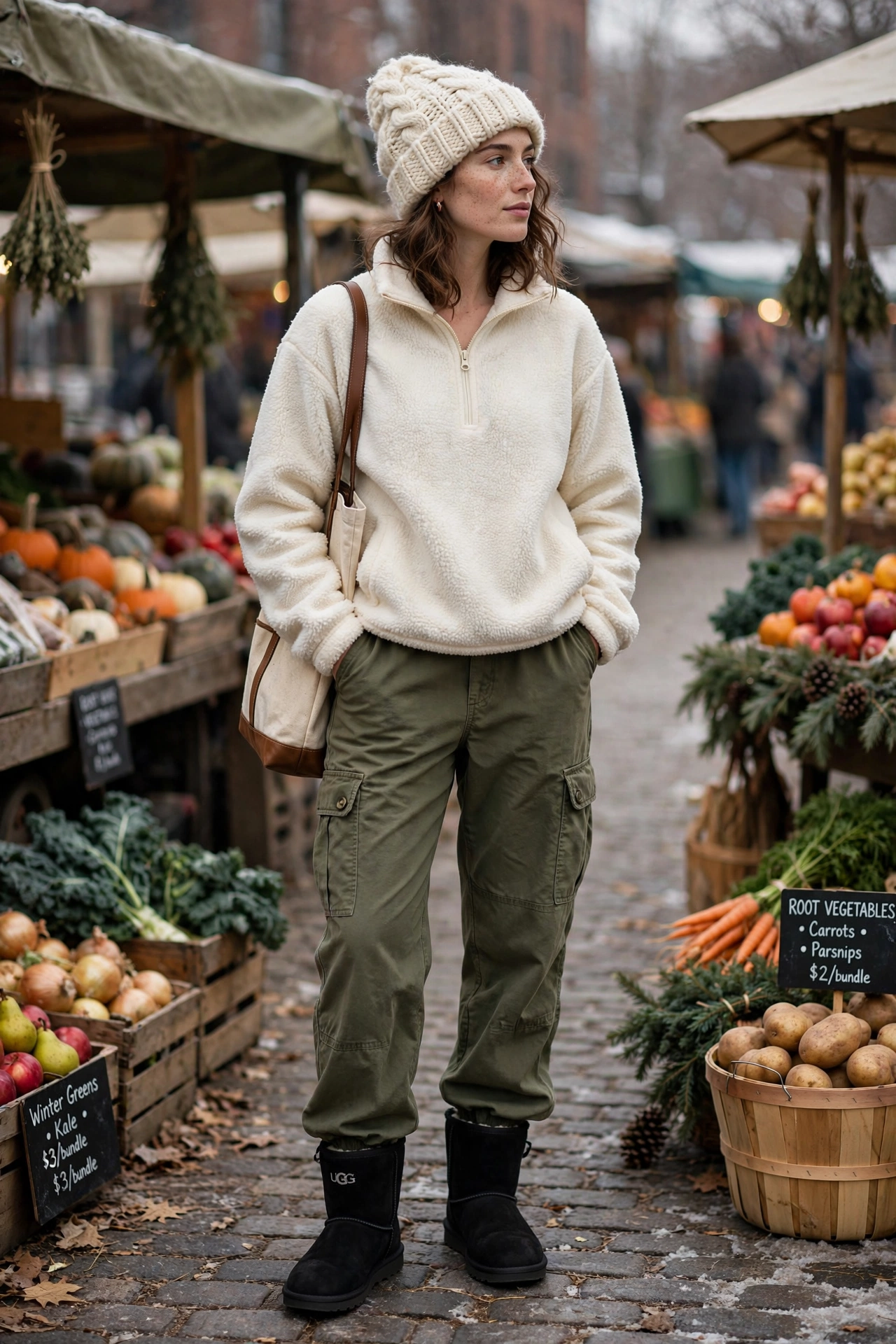 Woman in black UGG Ultra Minis with olive cargo pants and a cream fleece quarter-zip at a winter market