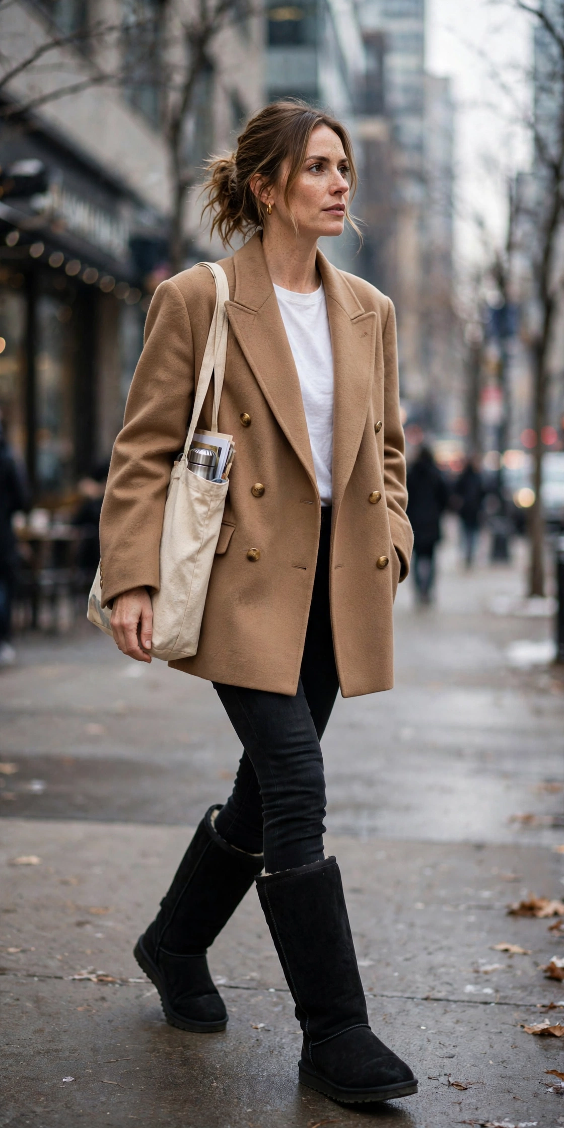 Woman in black tall UGG boots over black skinny jeans with an oversized camel blazer