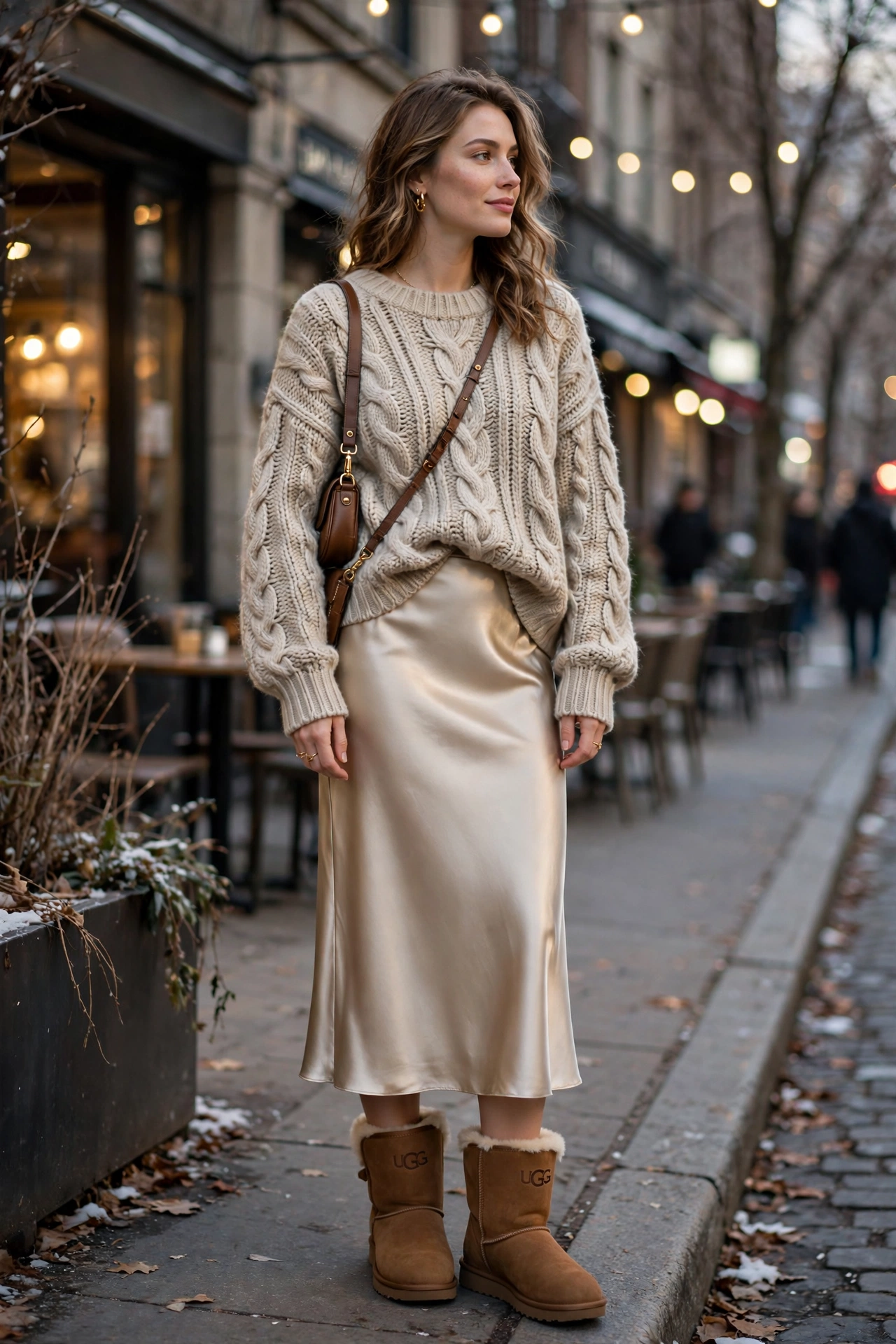 Woman in chestnut UGG Classic Minis with a champagne satin midi skirt and an oatmeal fisherman sweater