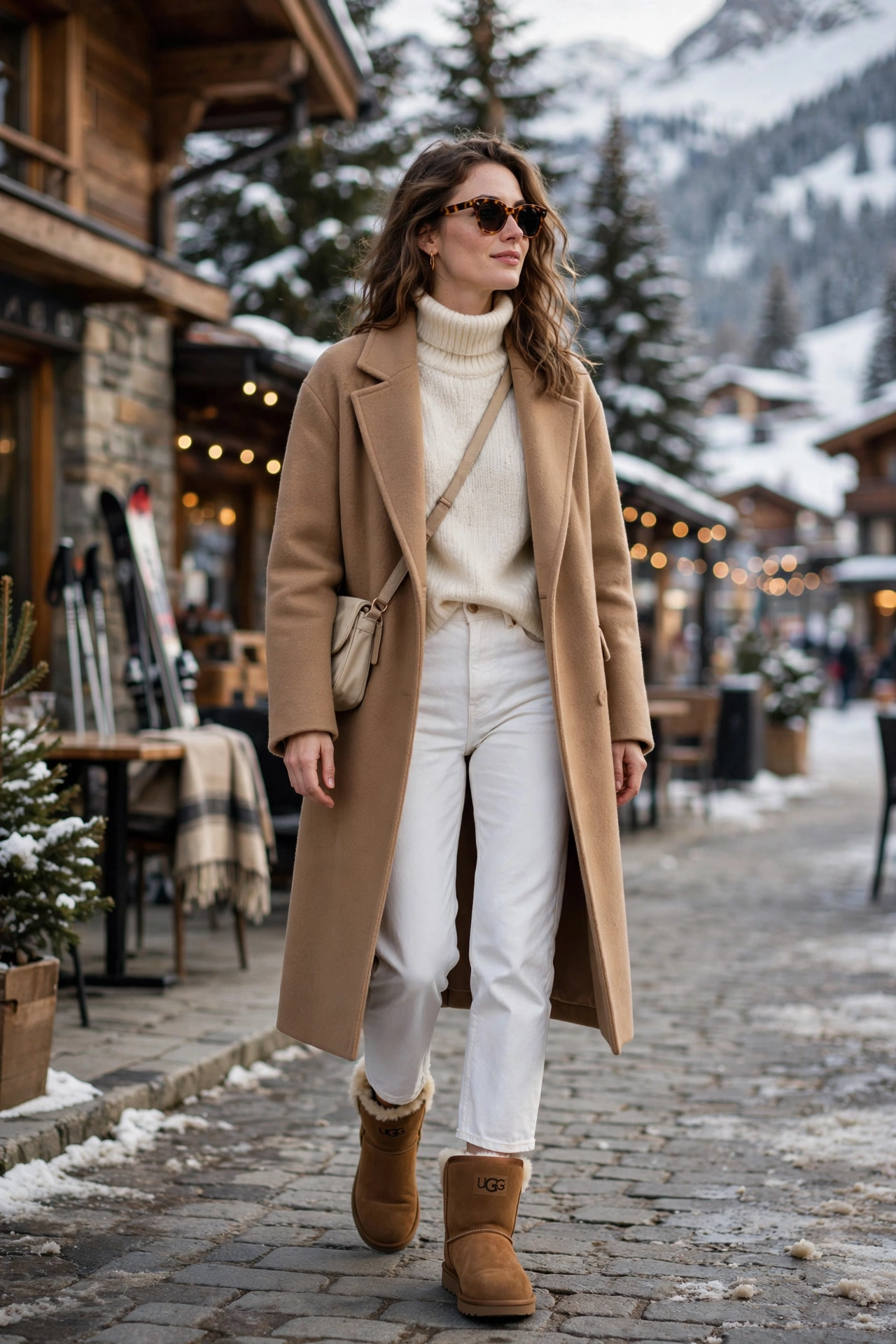 Woman in chestnut UGG Classic Minis, white jeans and a camel coat at an alpine ski resort