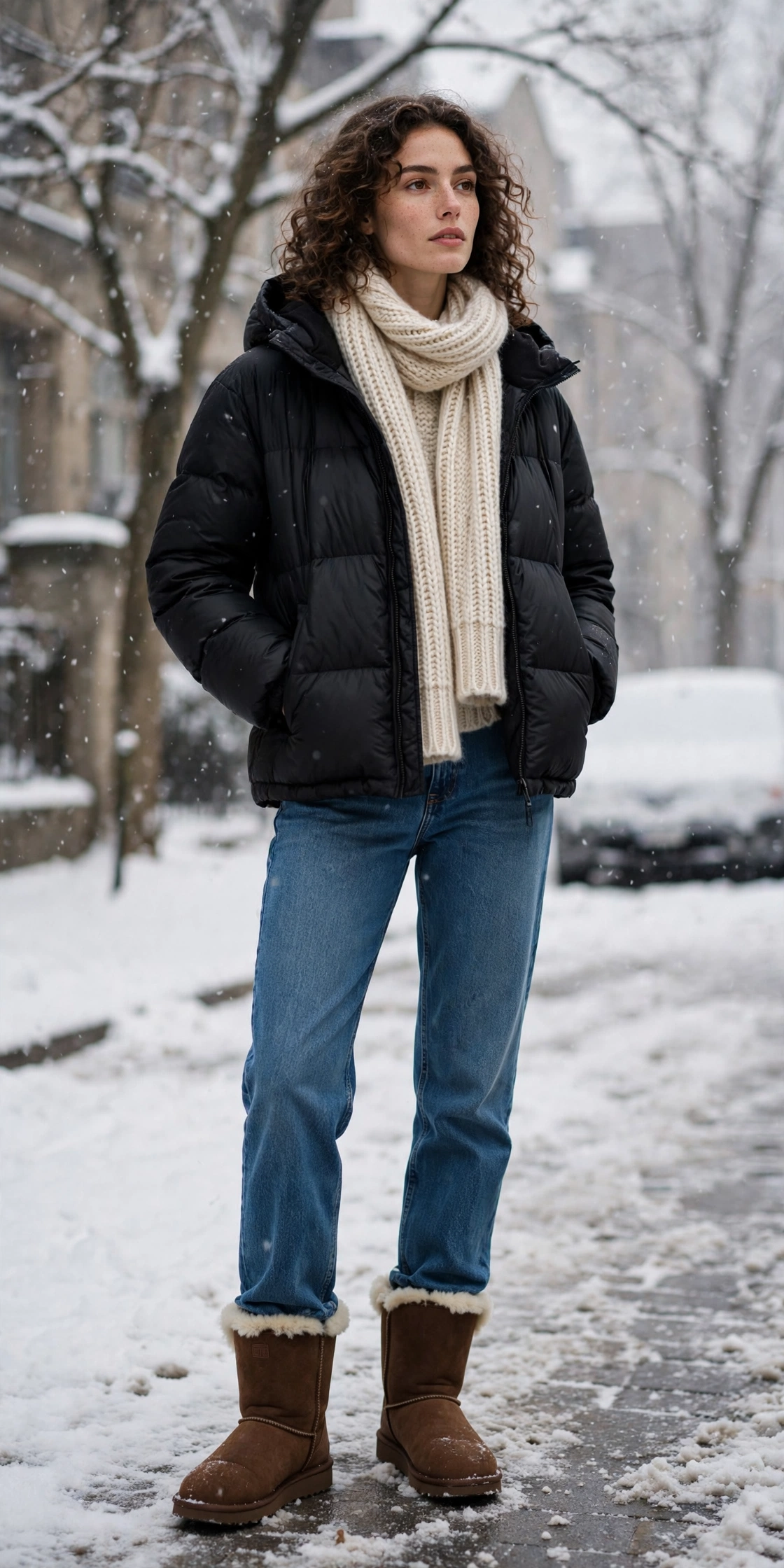 Woman in chestnut UGG Ultra Mini boots, cuffed straight-leg jeans and a cropped black puffer