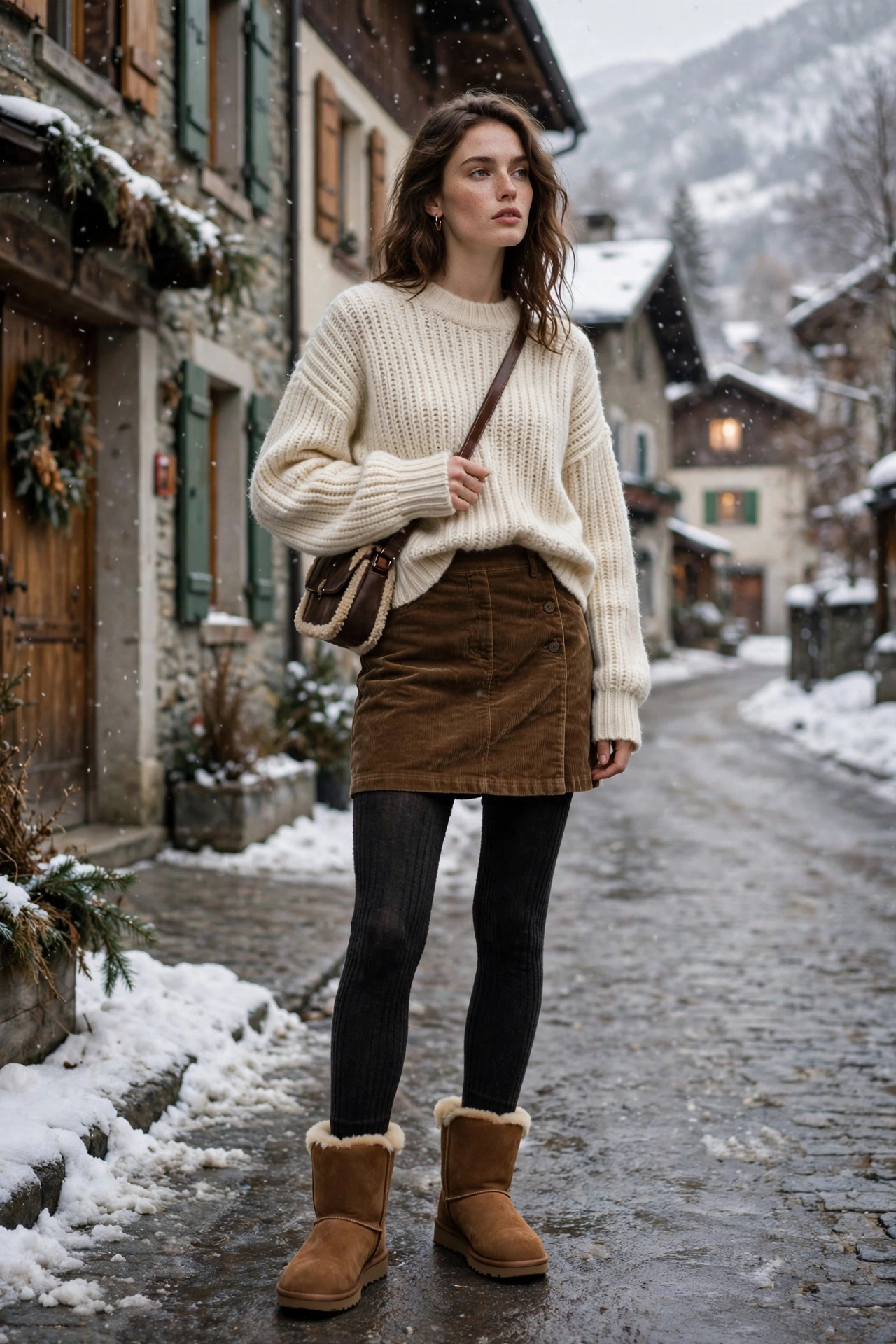 Woman in black UGG Ultra Minis, a rust corduroy pinafore dress and cream cable-knit knee socks