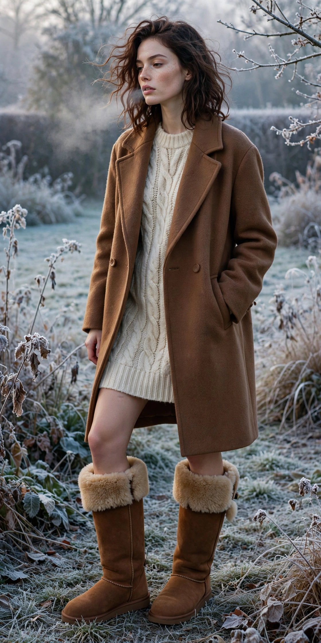 Woman in tall chestnut UGG boots, a burgundy sweater dress and black opaque tights