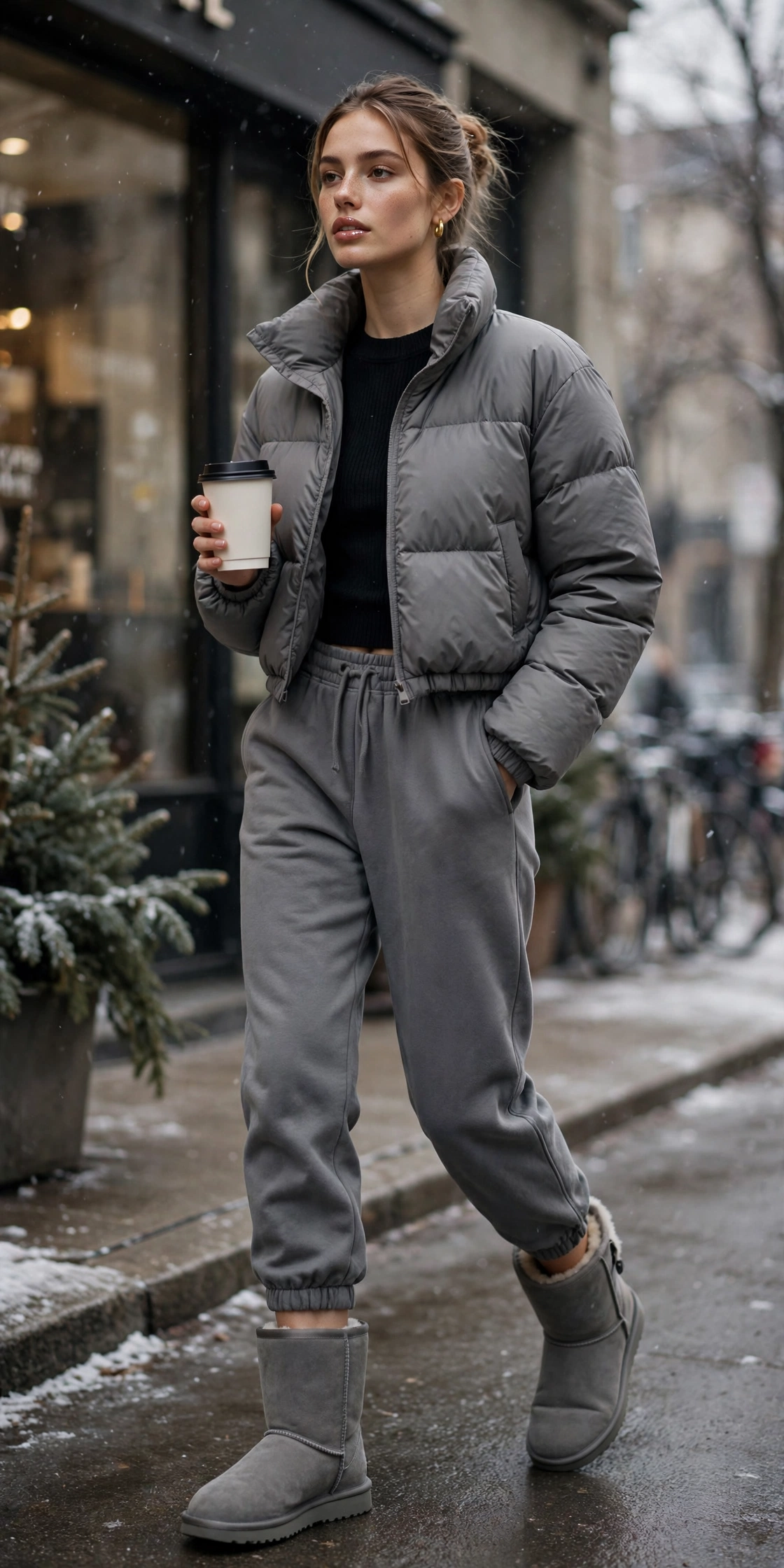 Woman in chestnut UGG Classic Minis with black joggers, a grey hoodie and a denim jacket